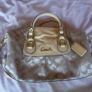Coach Ashley Signature Print Sateen Ivory Patent Leather Canvas Handbag
